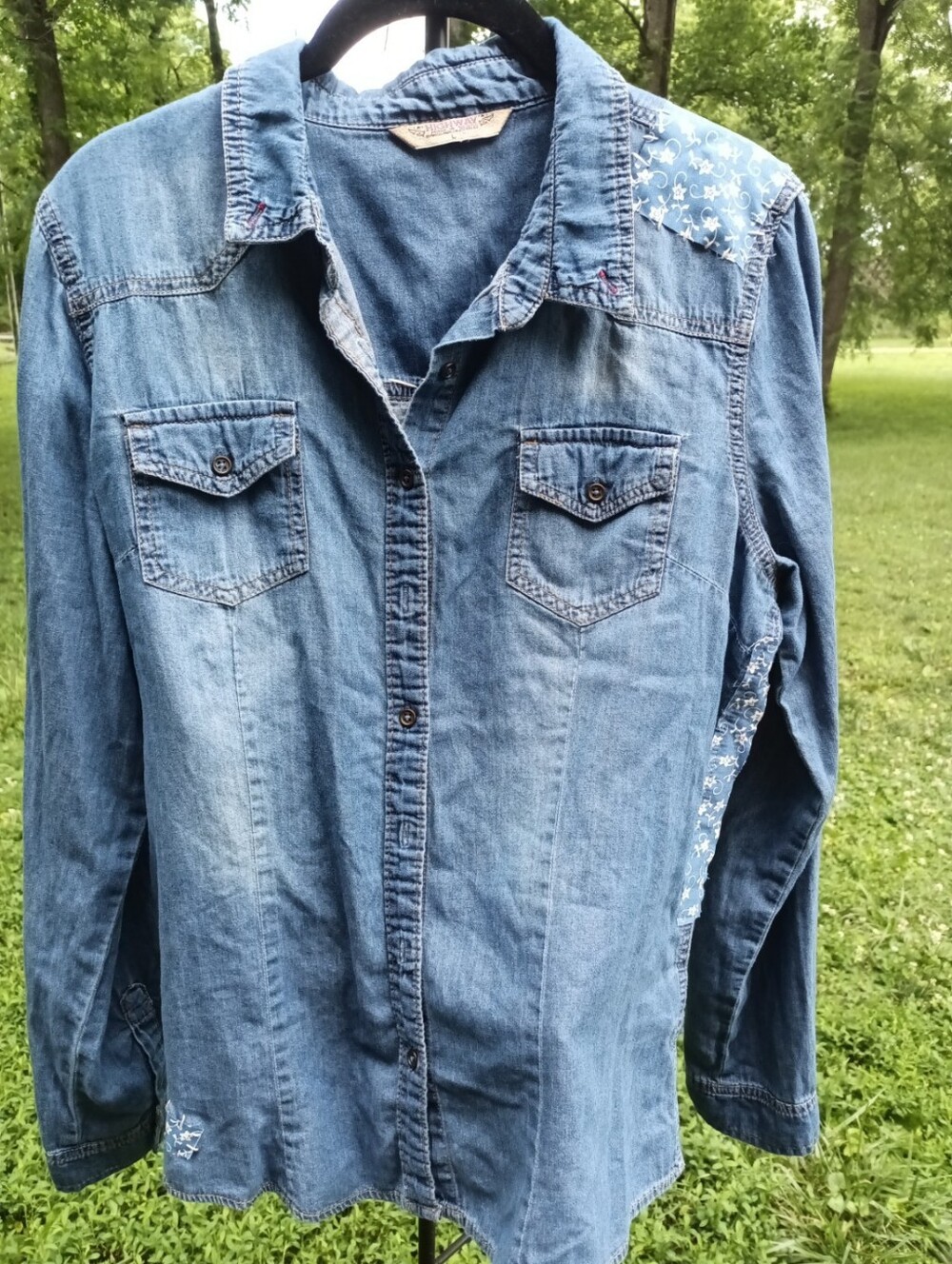 One Of A Kind Donkey Shirt Womens Size Large Western Farmhouse Upcycled Denim